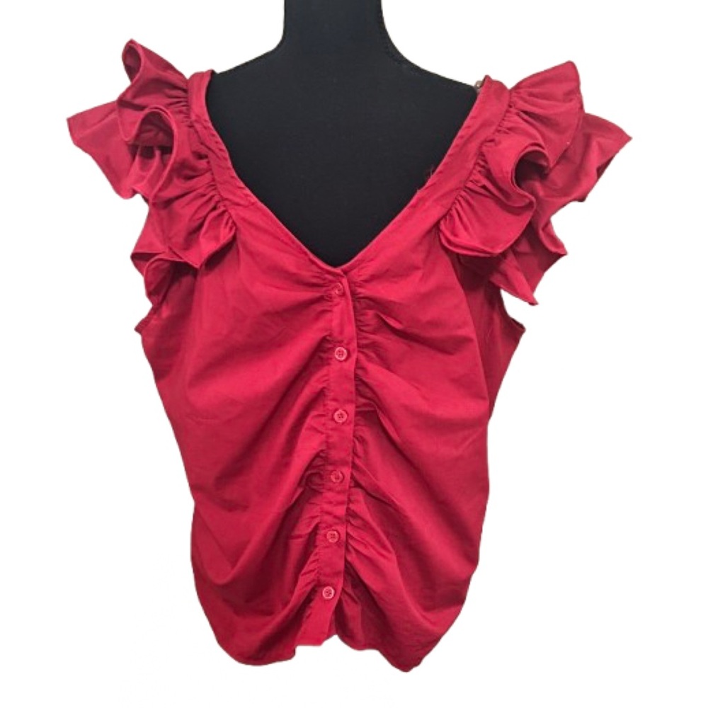 Ashley Stewart Vibrant Red Ruched Ruffled Blouse Size 18 Office Casual Spring